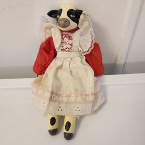 Cow Doll Stuffed Eyelet Hemmed Pinafore Laced Bottom Petticoat Ceramic Head 9"